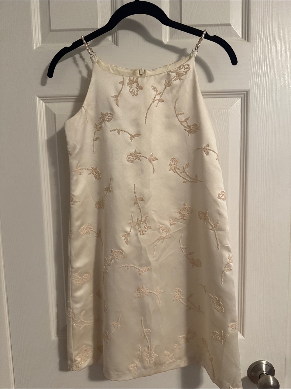 Girls' Cream Floral-Embroidered Spaghetti Strap Formal Dress
